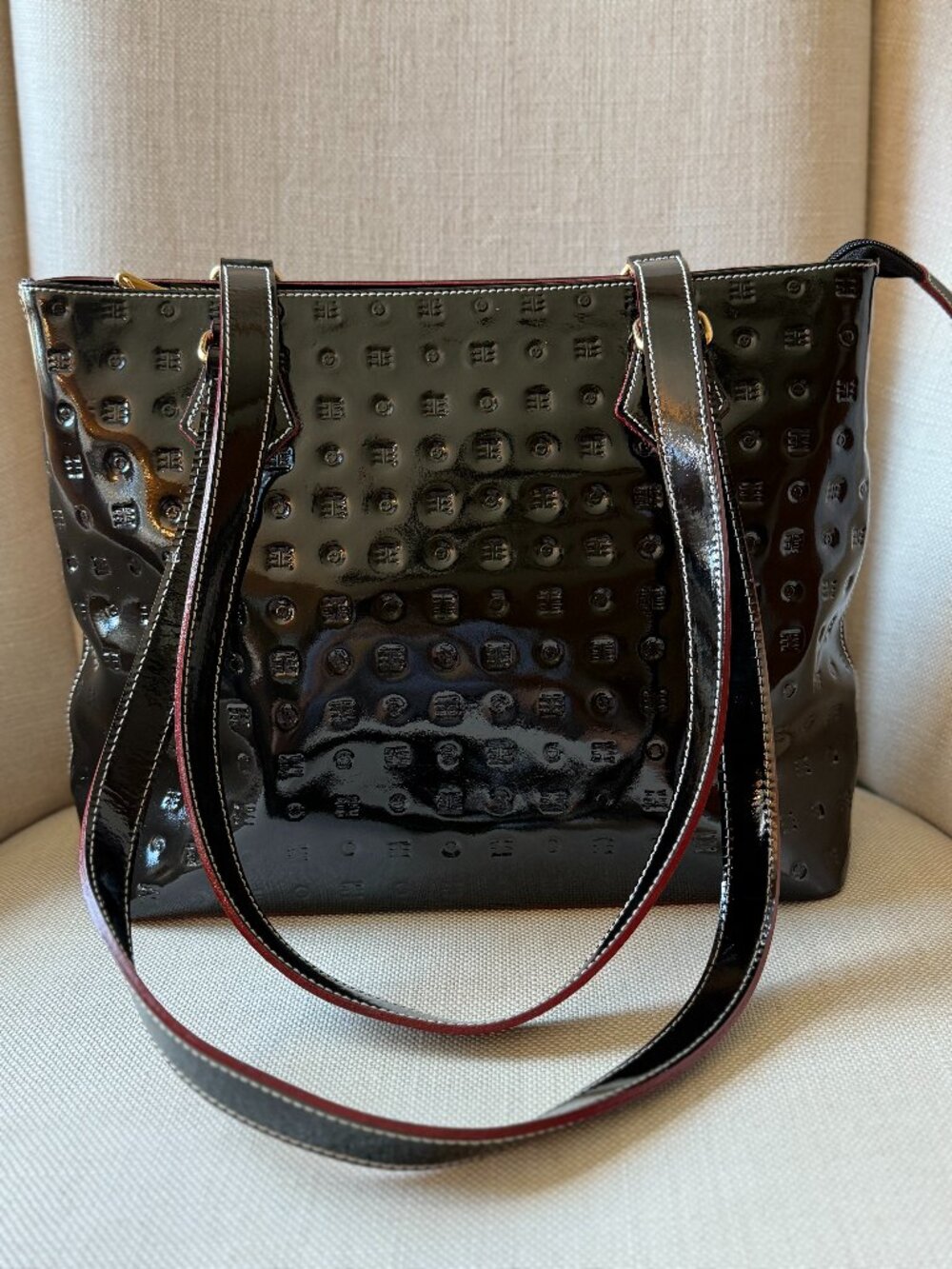 Arcadia Italy Black Embossed Patent Leather Tote Shoulder Bag Red Trim